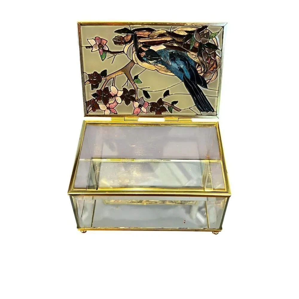 Joan Baker Designs vintage Stain Glass blue jay Hand Painted Trinket Box jewelry